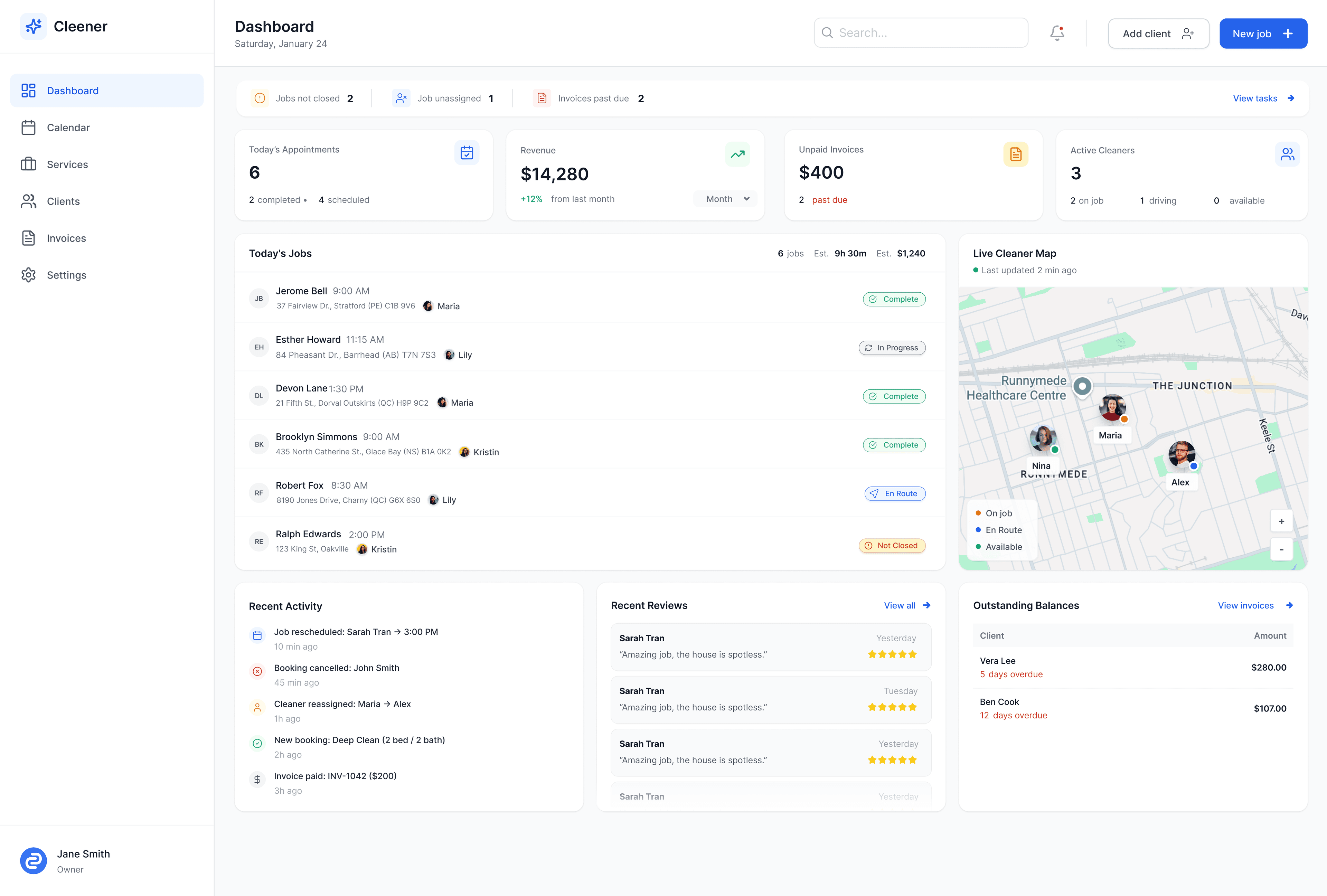 Cleener app dashboard