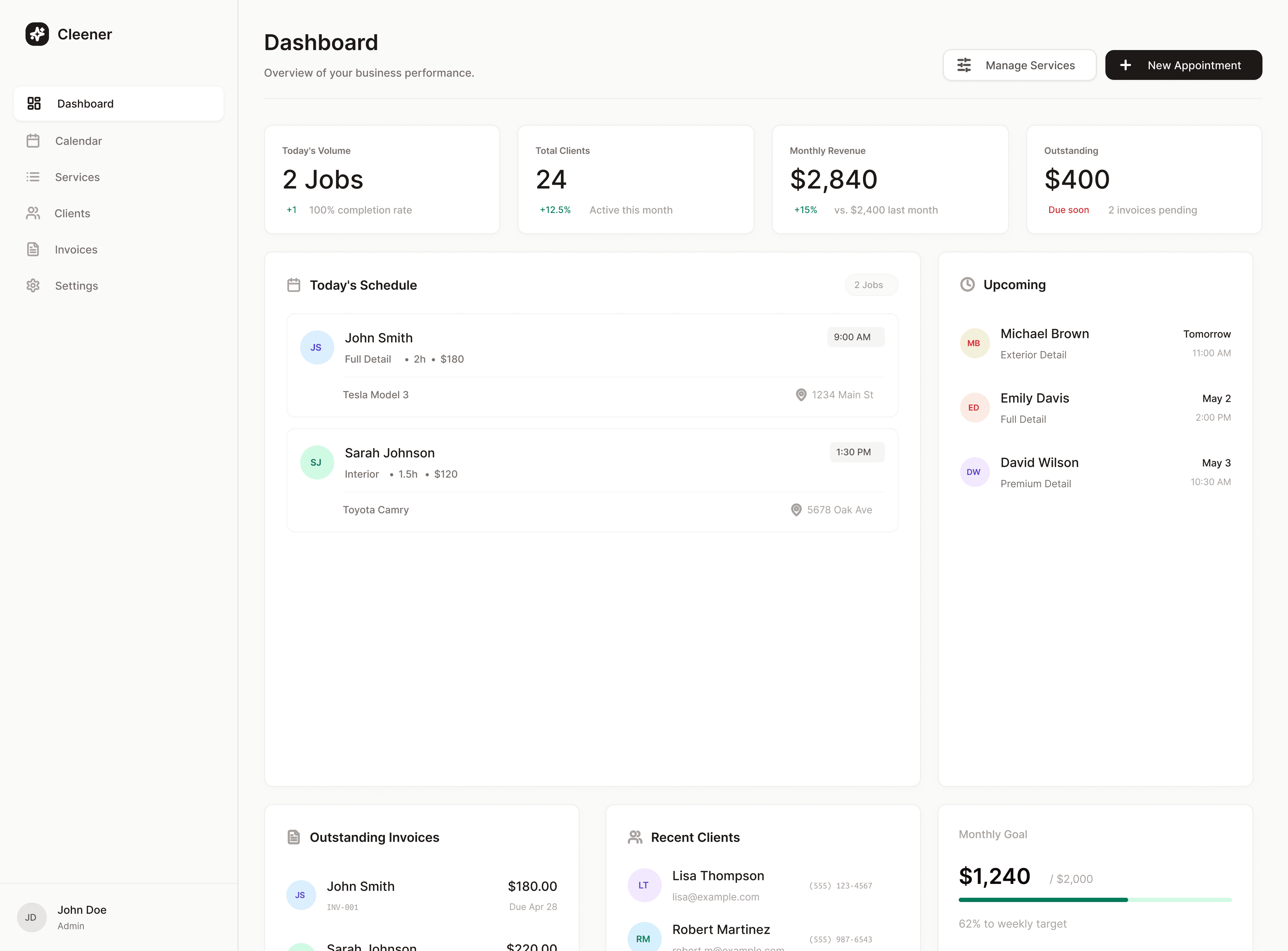 Cleener app dashboard